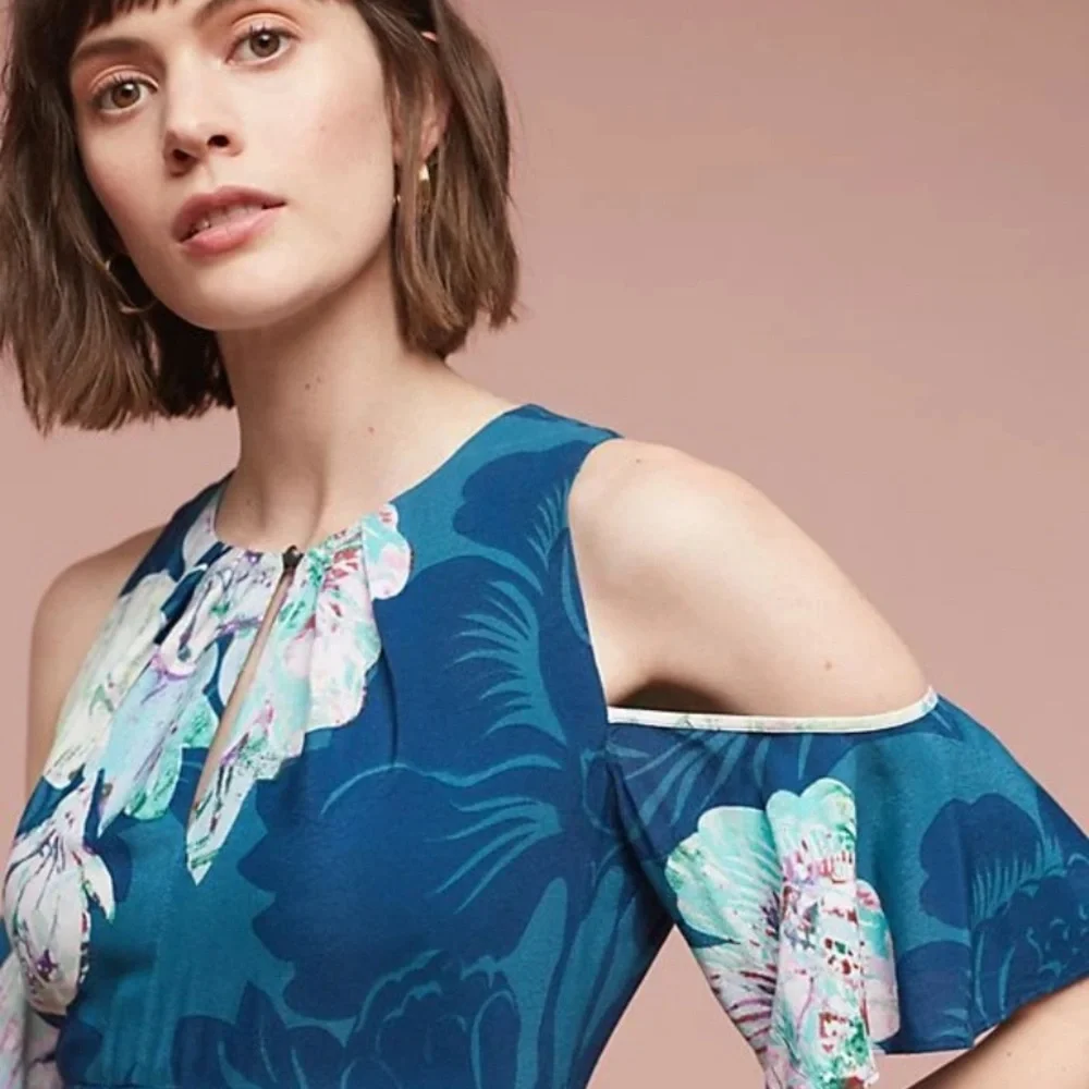 Anthropologie Maeve Elia Open Shoulder Dress Blue Floral Lined Sz 0 - Picture 2 of 16